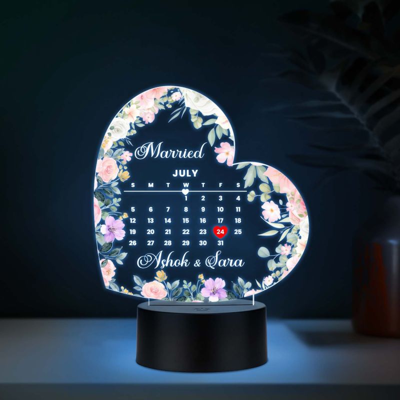 Personalized Heart Shape Wedding LED Lamp Custom with Names and Marriage Date – Romantic Anniversary & Wedding Gift for Couples, Husband, Wife | Multicolored Light with USB Cable